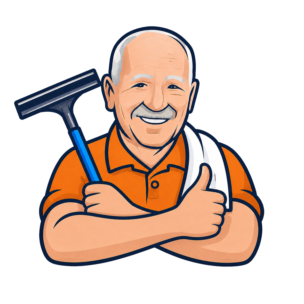 Brown and White window cleaner holding a squeegee and wrench
